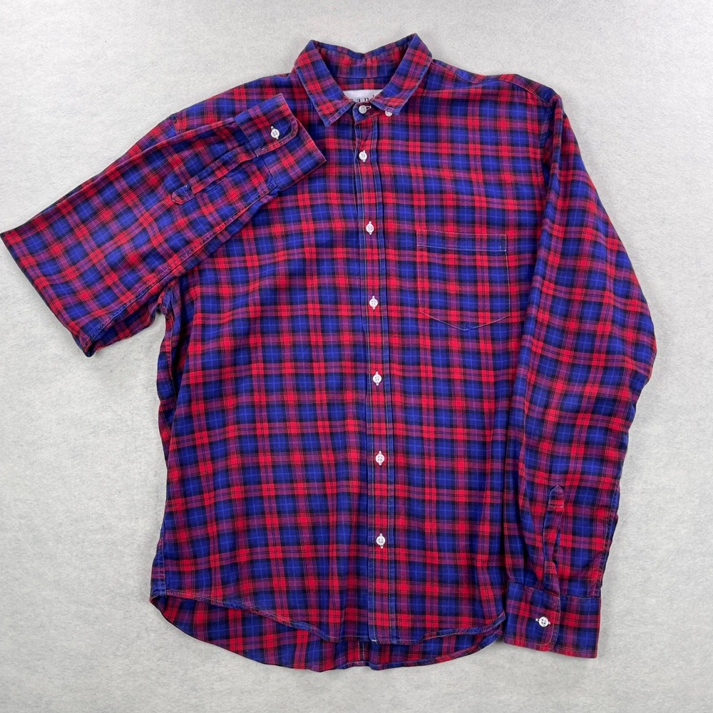 Frank & Eileen Luke Mens Medium Red Blue Plaid Italian Cotton Button Front Shirt - Picture 2 of 8